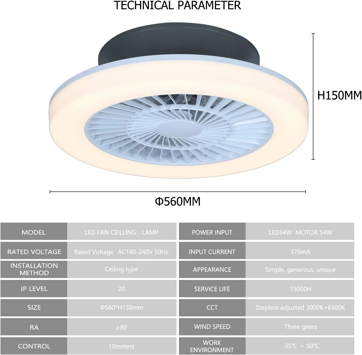 Silent Ceiling fan with light 65W remote control 3 colors 3 gears adjustable wind and dimmable Silent ceiling fan with light
