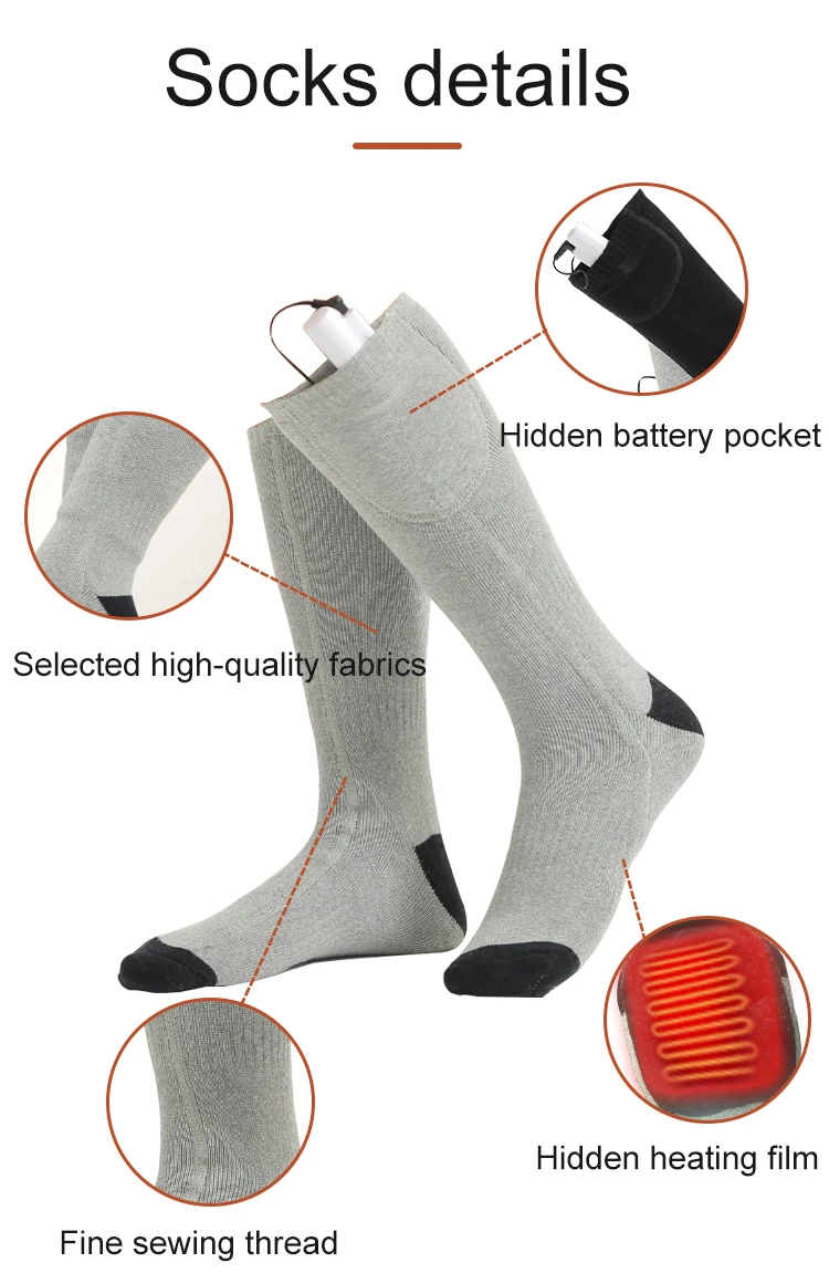 Thick Winter Outdoor Ski Thermal 3.7V Electric Rechargeable Battery Heated Hiking Cozy Crew Socks Wool Hiking Sock for Men Women