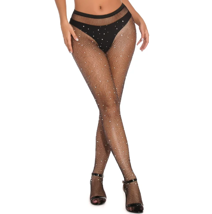 Женские ажурные блестящие сетчатые колготки со стразами