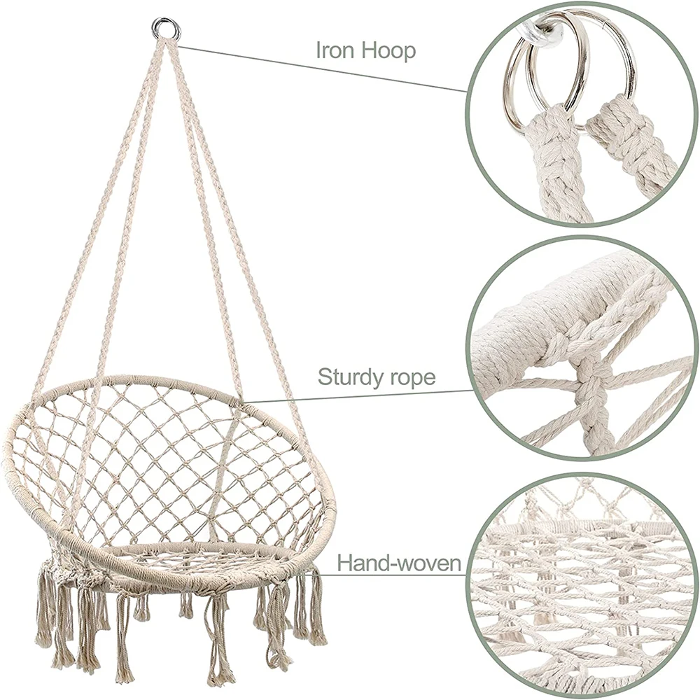 Hand Woven Cotton Rope Swing Chair Hanging Chair with Cushion Pillow