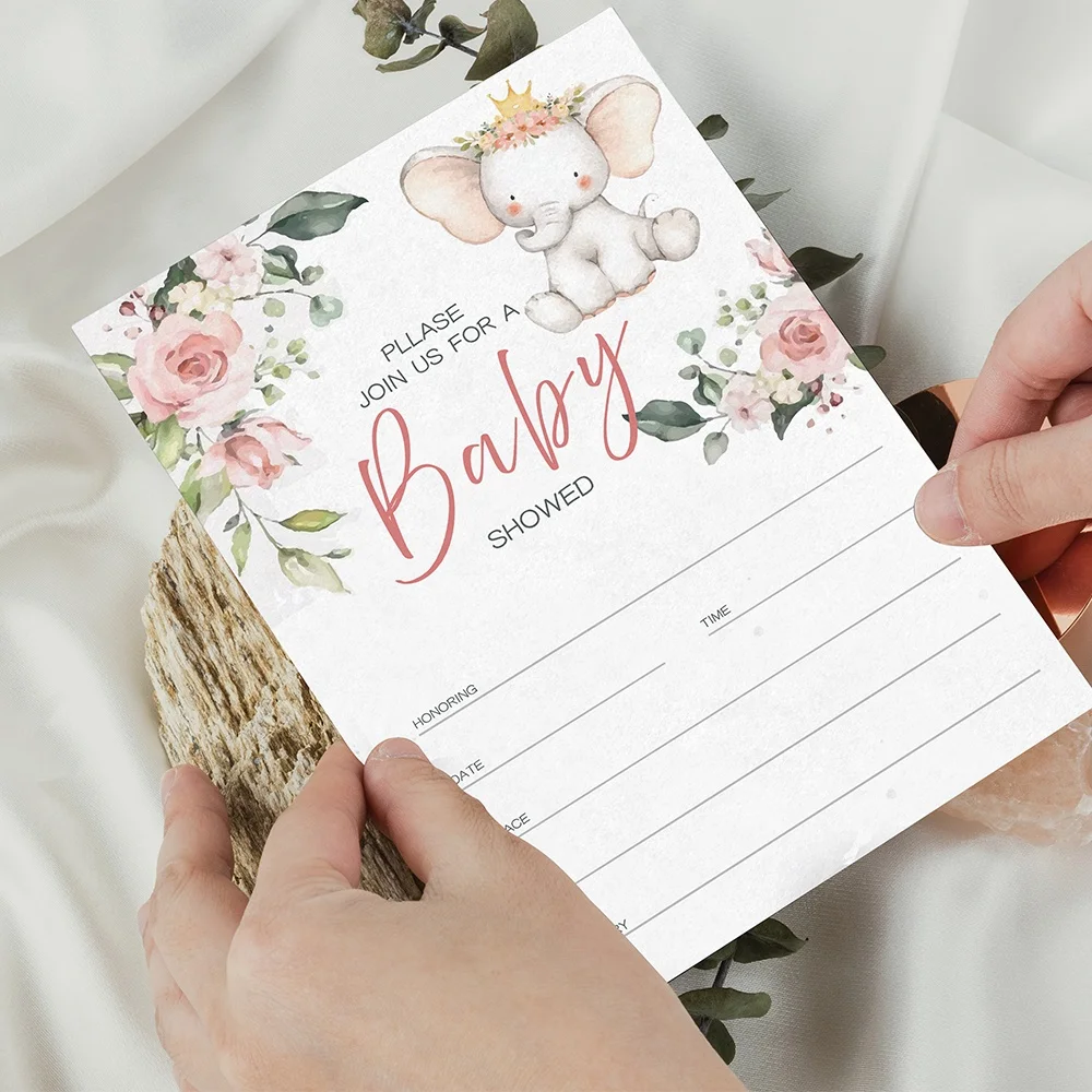 PAFU Floral Pink Blue Elephant Invitations for Boy Girl Set of 25