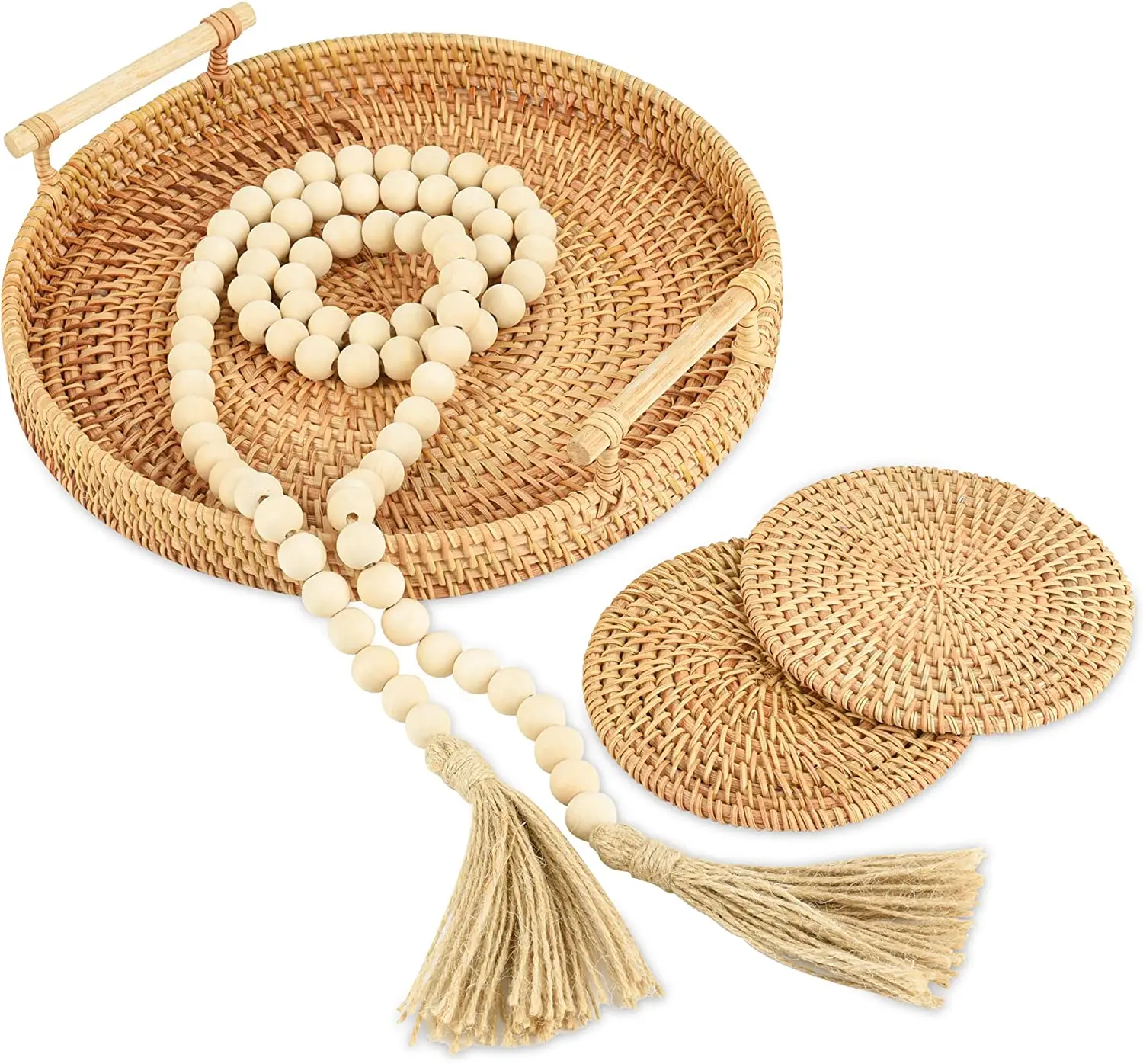 Круглый сервировочный поднос из ротанга с ручками, деревянная гирлянда из бусин в деревенском стиле и подставки, декоративный Плетеный Круглый сервировочный поднос из ротанга