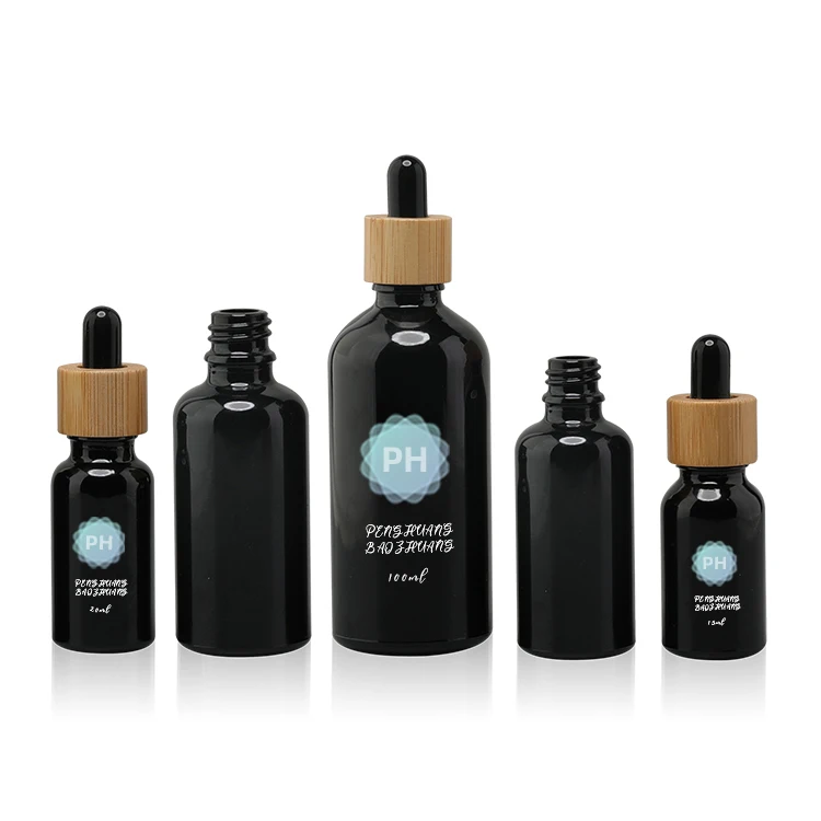 10ml 15ml 30ml round black essential oil cbd oil bottles with wooden cap cosmetic glass dropper bottles serum bottle