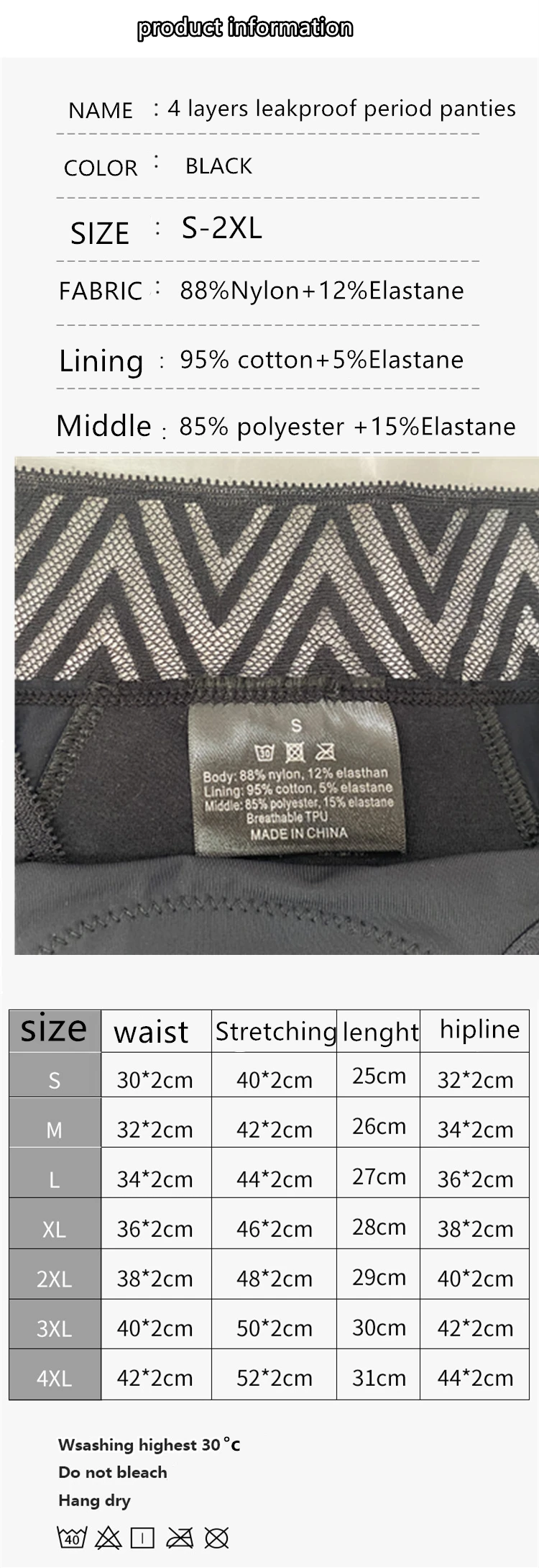 10027 Women Mid waist Menstrual pants Washable Incontinence leak proof Underwear bamboo lace 4 Layers Period Panties