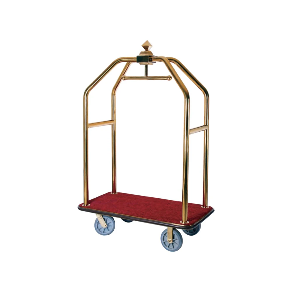 Hotel Lobby Golden Luggage Trolley Service Cart Red Baseboard Birdcage Style Baggage Trolleys Custom Manufacturer Wholesale