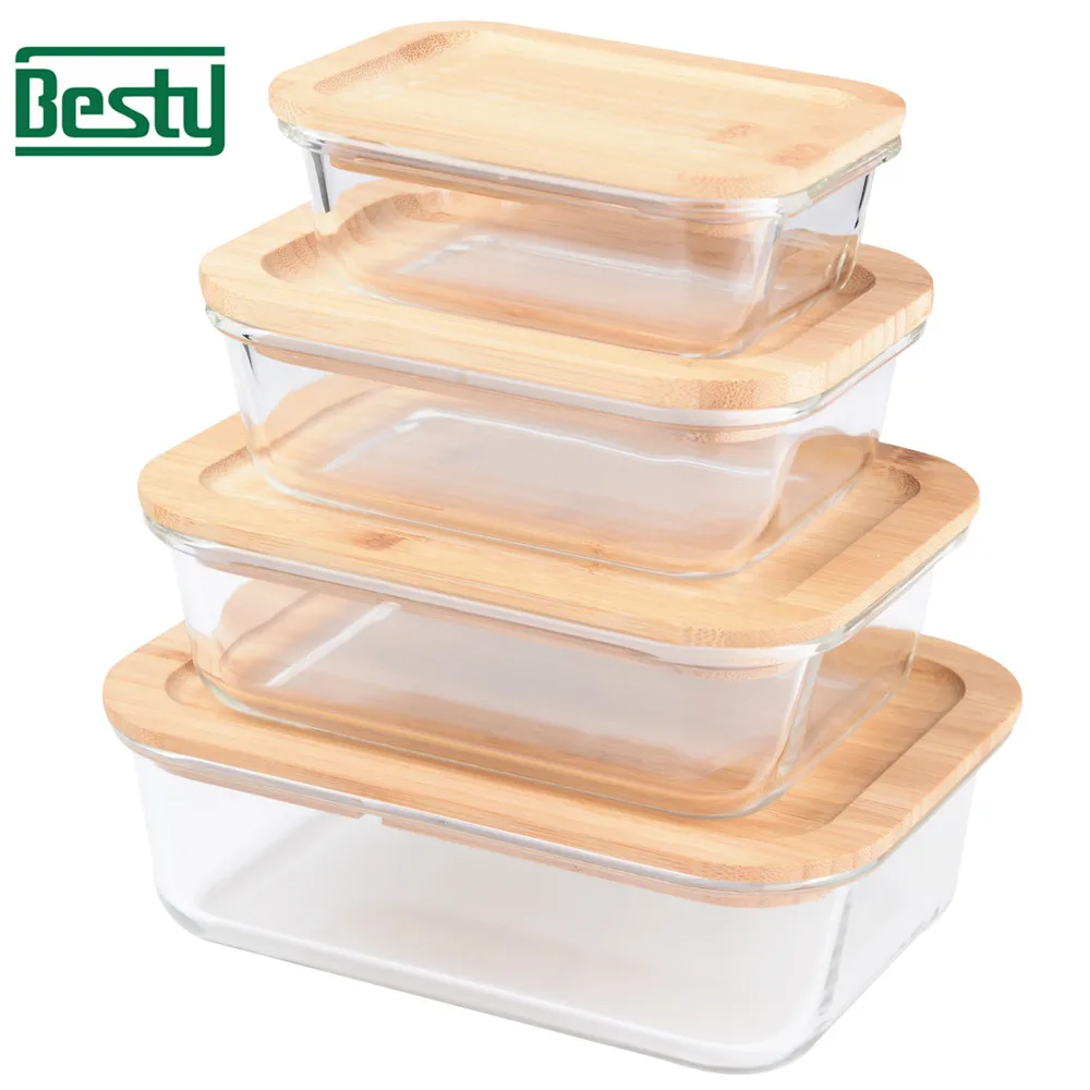 Eco-friendly Food Meal Prep Containers With Bamboo Lid wooden Glass Food Storage High Quality Glass Food Meal Prep Containers