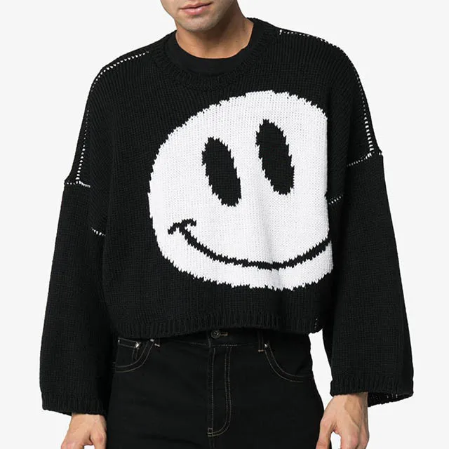 custom logo 100% virgin wool oversized crew neck cropped men sweater knitted pullover designer smiley intarsia knit sweater men