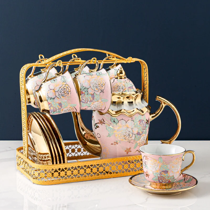 2020 Hot Sell Coffee Cup Gold Tea Cup Sets With Saucer and Cup Holder Vintage Ceramic Tea Set