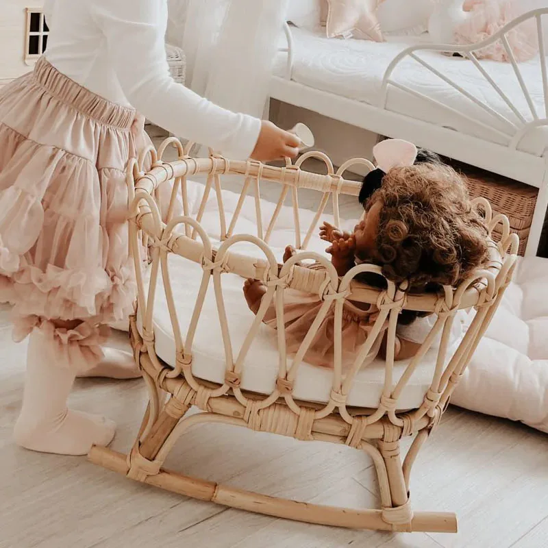 High Quality Doll Rattan Rocking Bassinet, Mini Beige Rattan Bed for Dolls Best Price Wholesale Vietnam Supplier