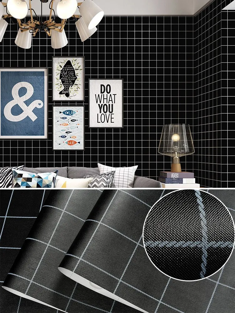 Simple pattern white grid wall paper sticker adhesive waterproof pvc black wallpaper for hotel house living room deco