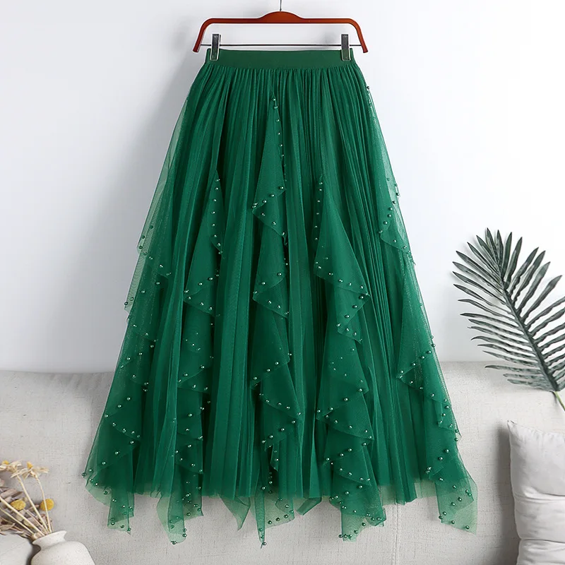 Summer New Pink Ball Gowns Sweet Tulle Skirt Women Elegant Asymmetric Mesh Lace Princess Dresses Beads A Line Skirts For Party