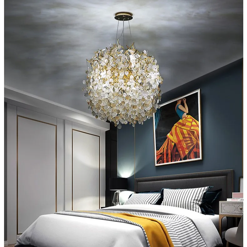 Modern Light Luxury Rain Drop Golden Aluminum Branch Creative Glass Led Chandelier