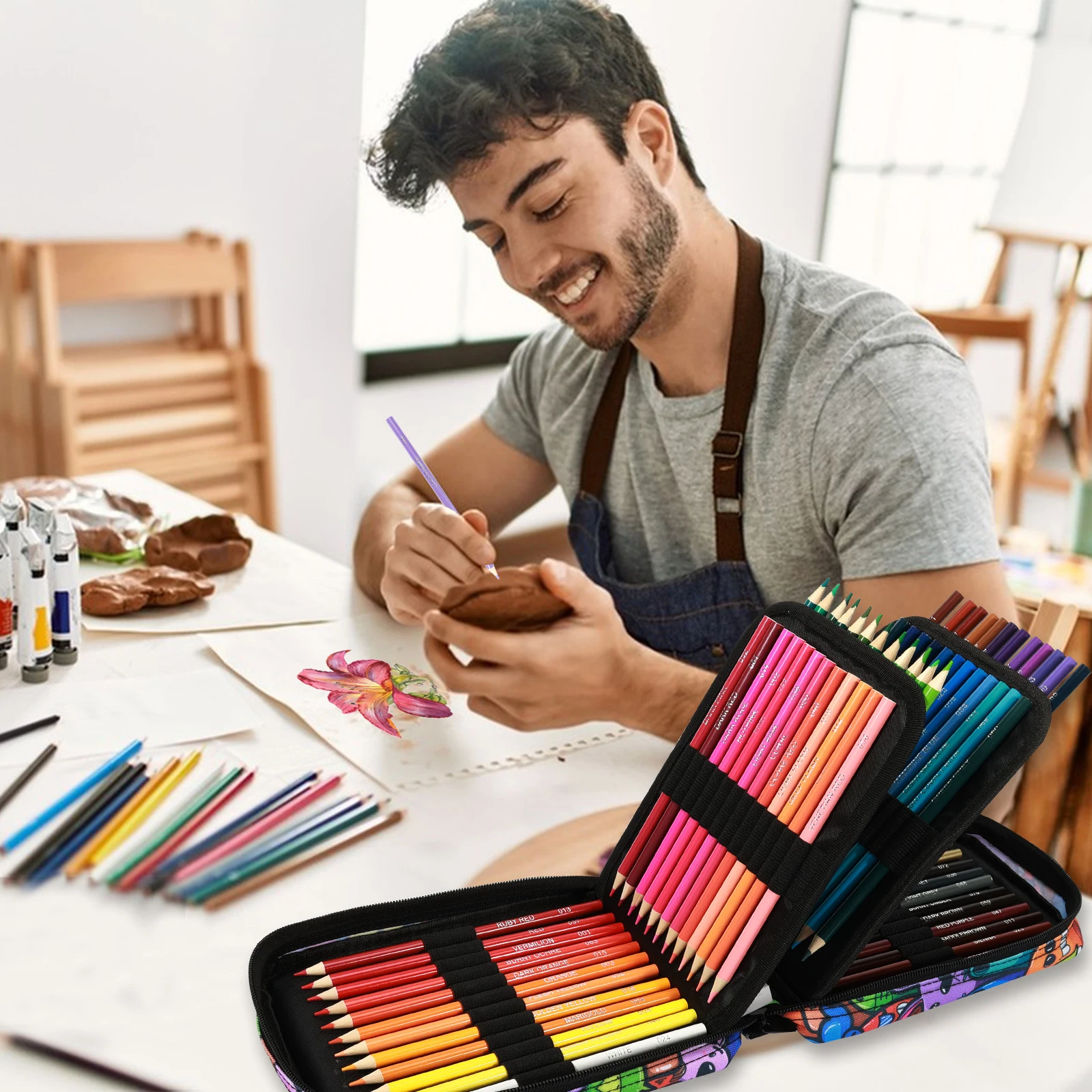 Custom Assorted 72/120 oiled water colors Drawing Sketching Kit Colored Pencils Drawing set Set in Nylon Zipper Bag