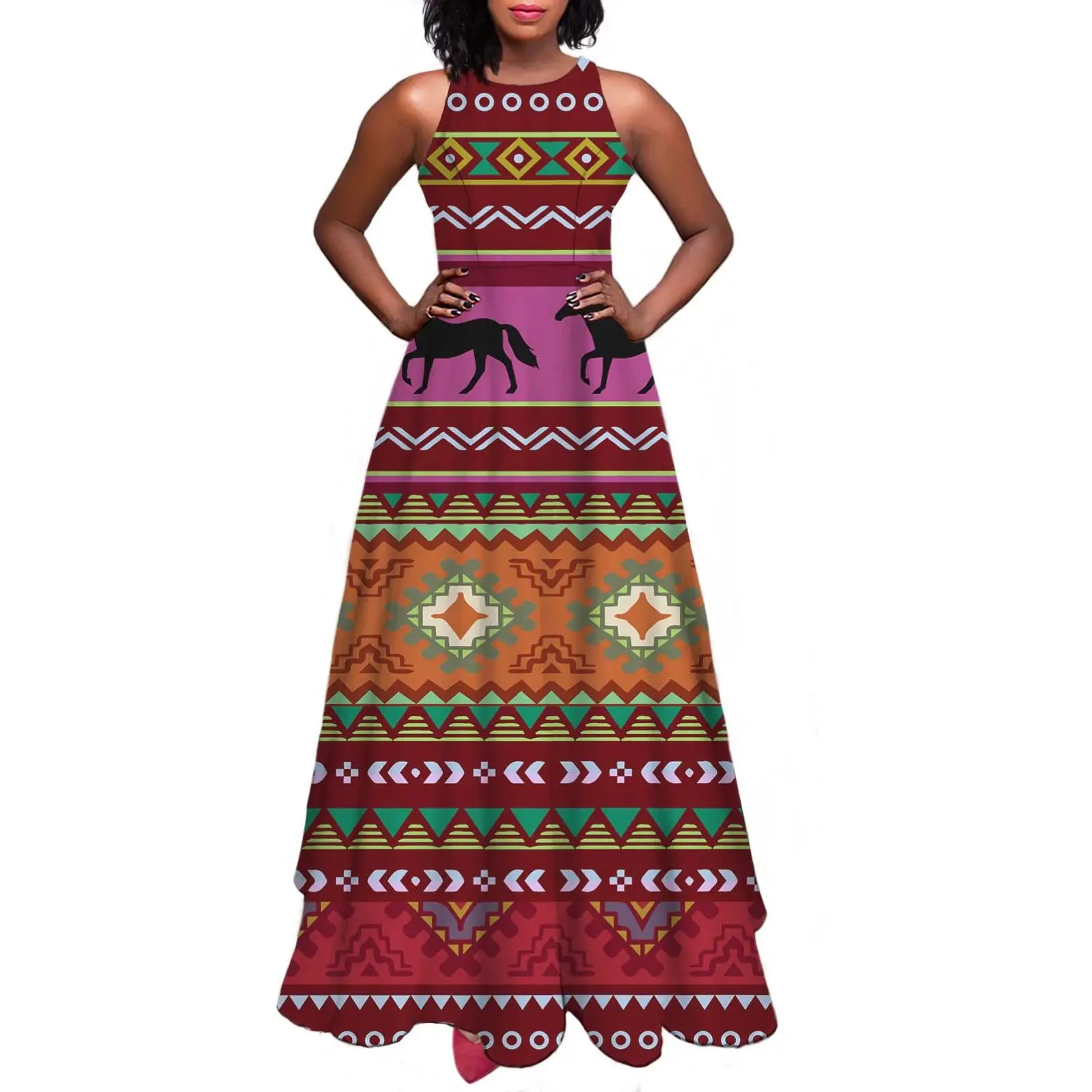 Ethnic Geometric Pattern African Kente with Animal Print Long Prom Evening Gown Dress Sleeveless A-line Casual Maxi Dresses