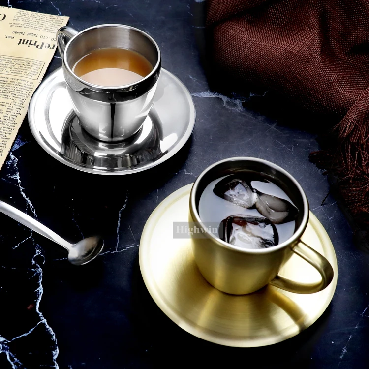 HIGHWIN Coffee Cups Set Stainless Steel Coffee Cup Double Walled Coffee Mug Optional with or without a saucer