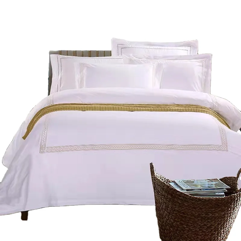 100% Cotton Wholesale Bed Sheet Sets Embroidered White Hotel Bed Linen Brands