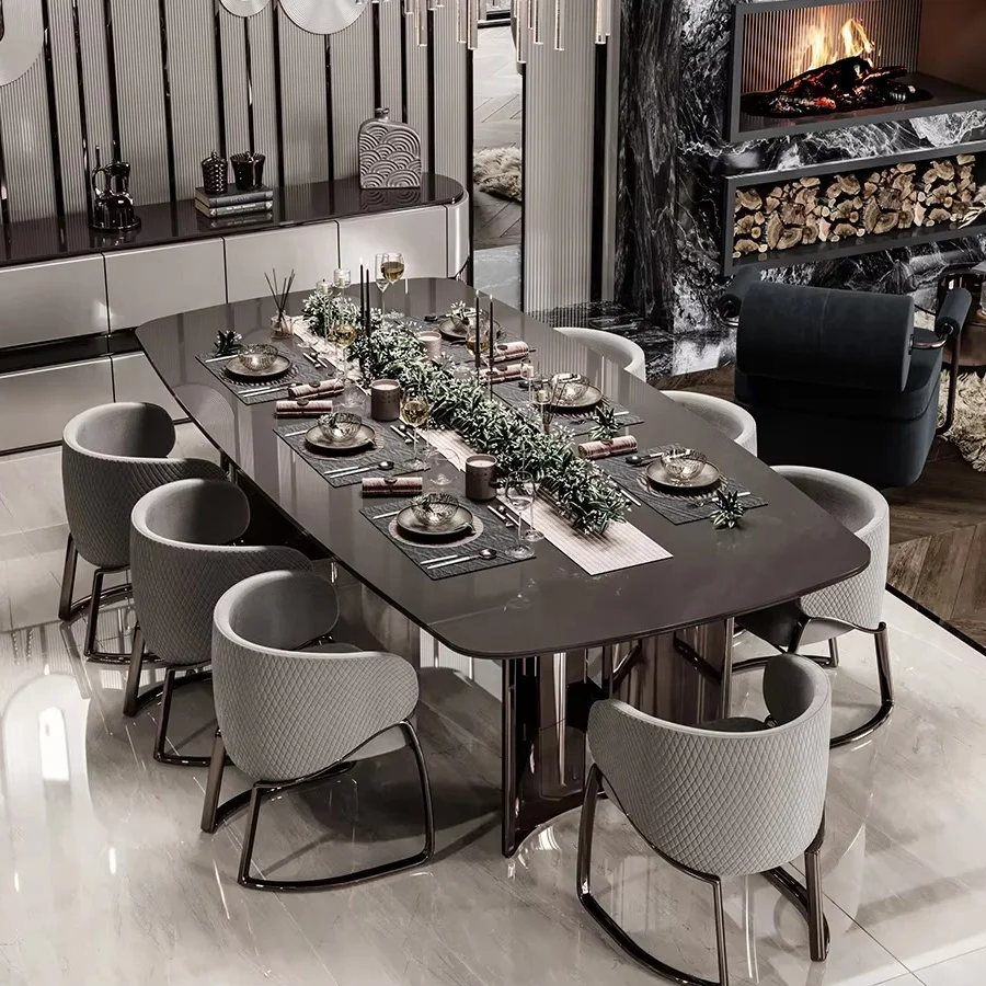 Luxury stainless steel marble top rectangular dining table set furniture manufacture