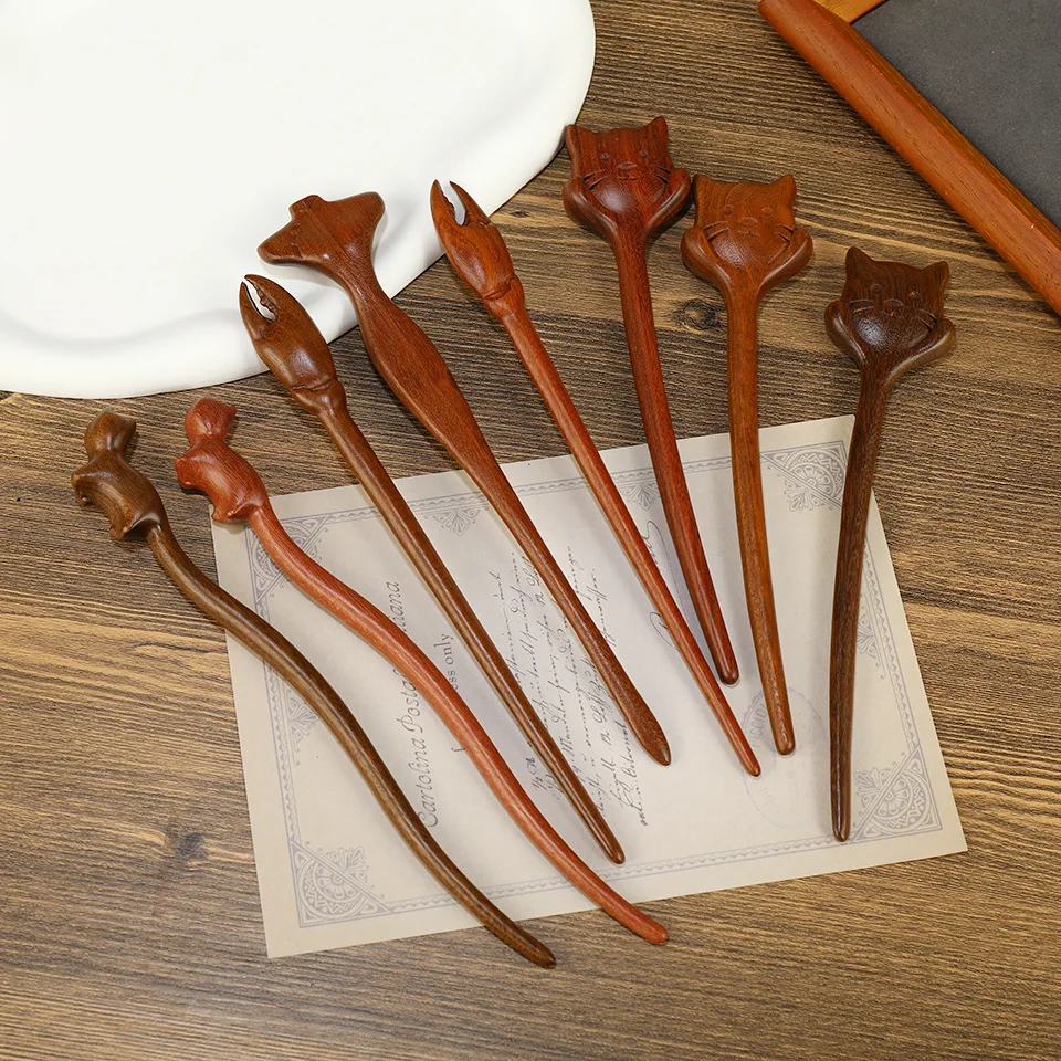 Vintage Natural Peach Wood Hairpin Diy Carved Cat Crab Forceps Flower Shape Hair Accessories For Long Hair