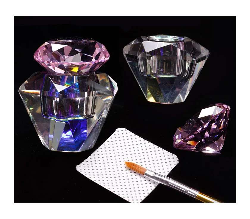 Diamond Crystal Glass Nail Cup Acrylic Powder Liquid Dappen Dish Pink Lid Glass Bowl Holder Pen Wash Manicure Tool Equipment