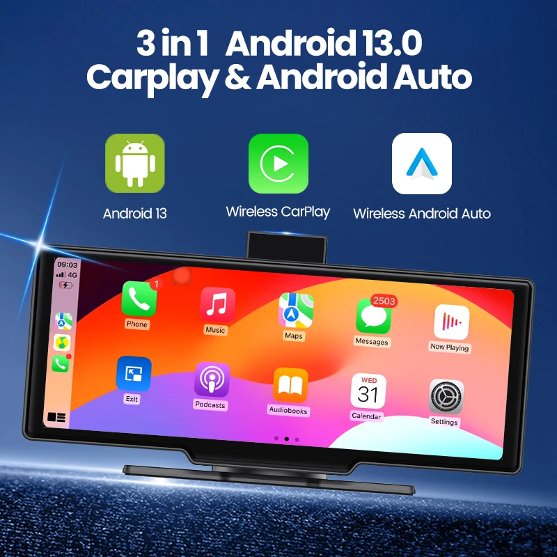 Maustor 10.26 inch Android 13 Portable Wireless Carplay  4+64G 8 Core Universal Car Smart Screen With BT 3G/4G Sim Card