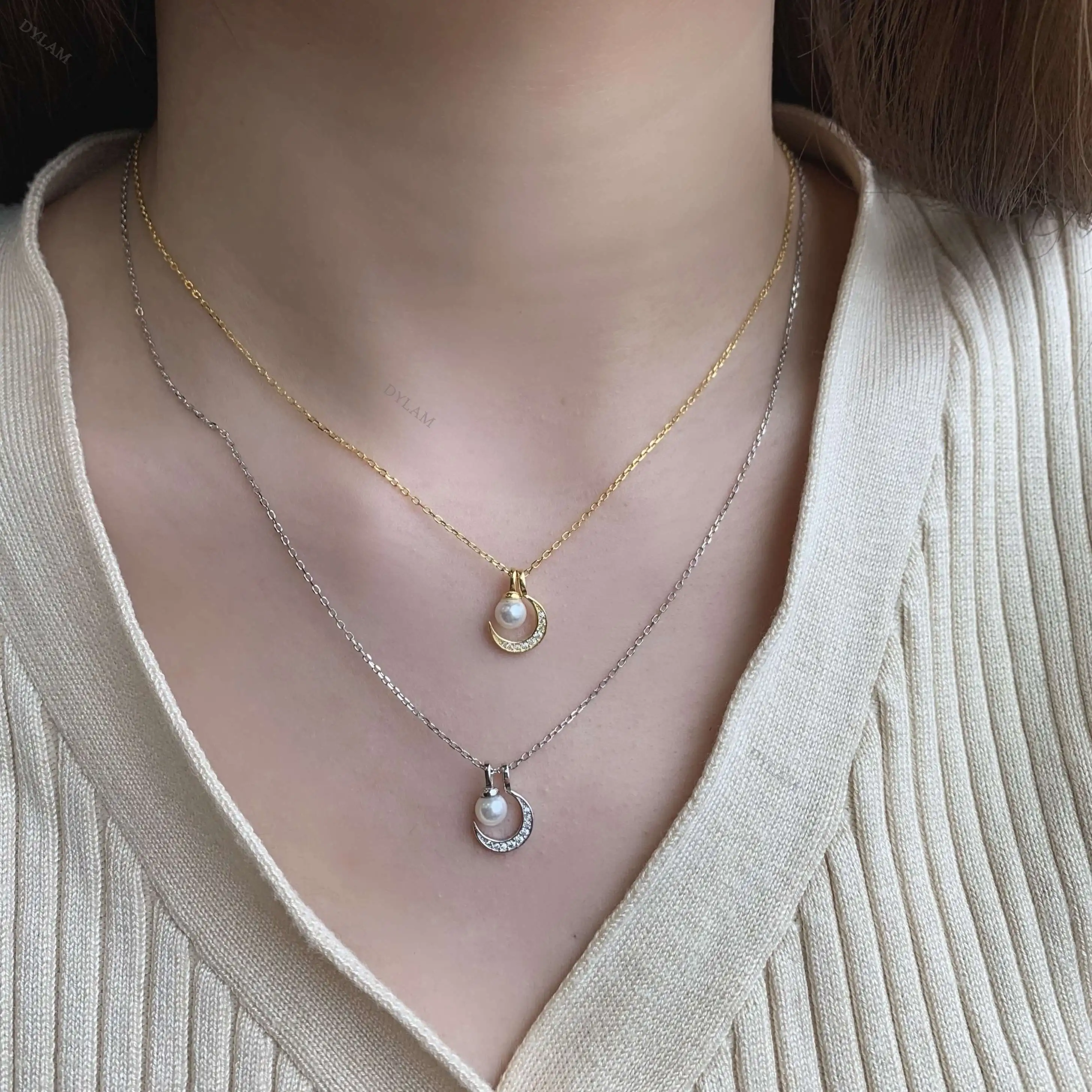 Изящная женская цепочка Dylam, ювелирные изделия с кубическим цирконием, настоящая пресная вода, CZ 18k, покрытая большим жемчугом и золотой луной, кулон, серебро 925 пробы, ожерелье