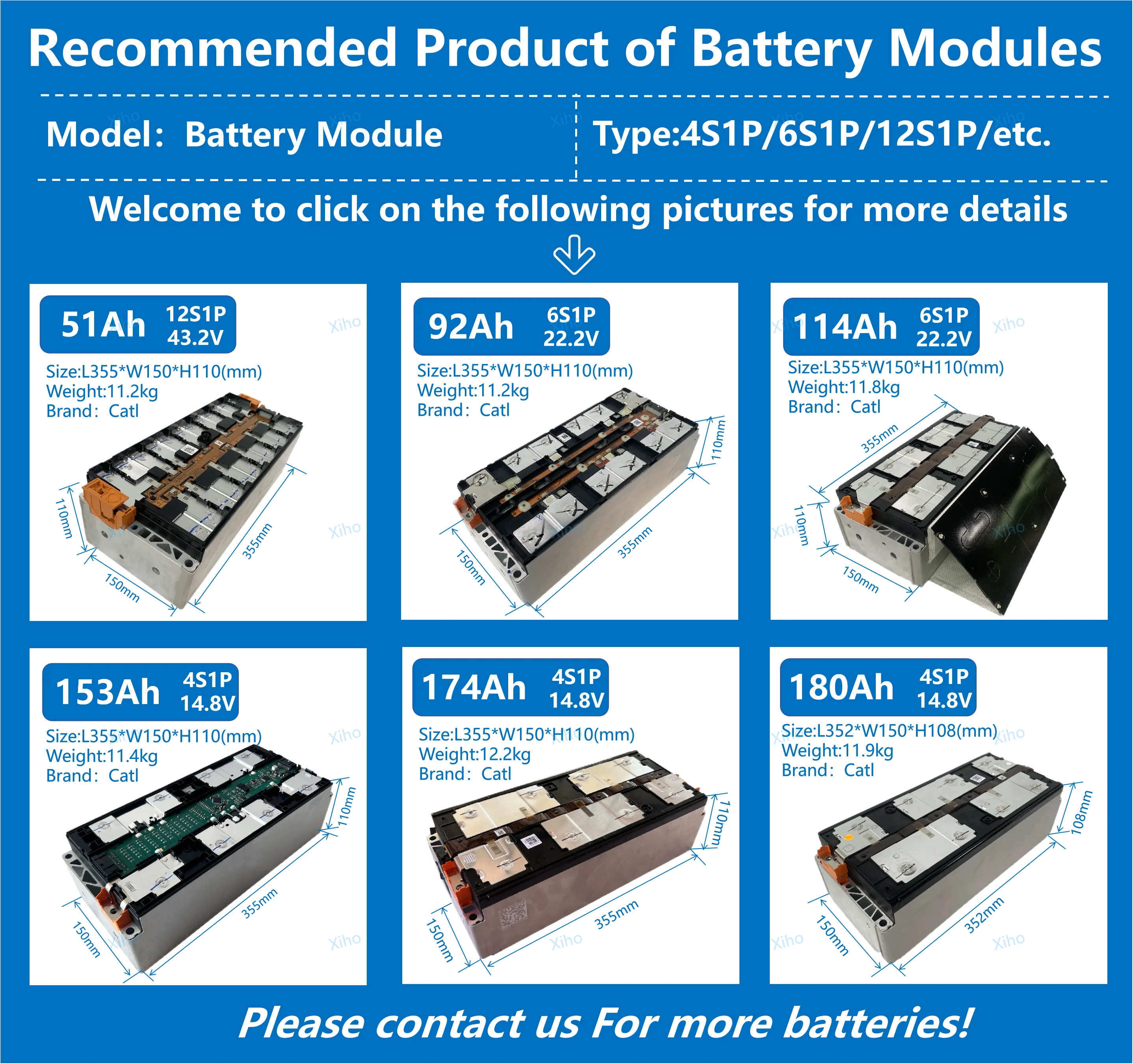 Xiho Catl 51Ah 92Ah 114Ah 153Ah 174Ah 180Ah 14.8V 22.2V 44.4V 4S1P 6S1P 12S1P VDA355 NMC Lithium Battery Module Ncm 811 Leaf EV