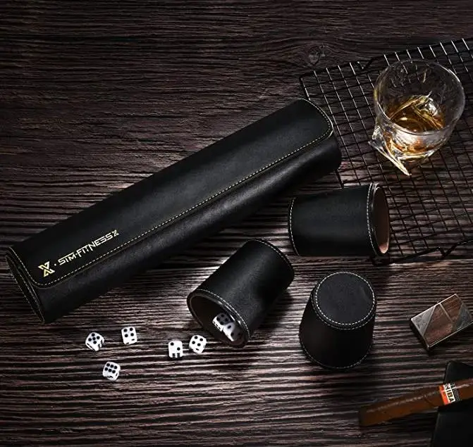 Party Games Leather Dice Cup Set, 5 Black Leather Dice Cups