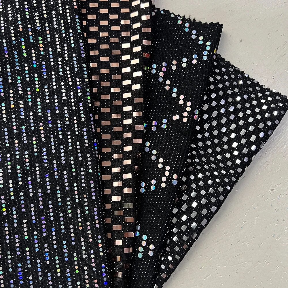 2023 New polyester black lurex metallic foil dot spandex jersey fabric silver sequin metallic lurex knit fabric for party dress