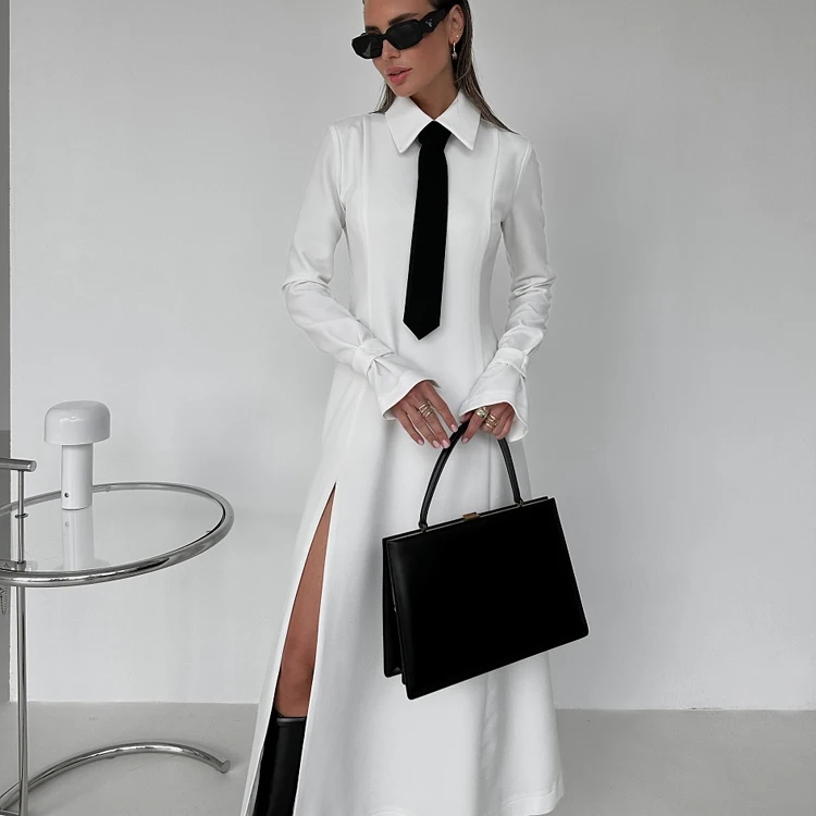 Designer Clothes Preppy Tie Shoulder Padded Long Sleeve Shirt Style Ladies Slit Dresses Casual White Long Shirt Dress For Women