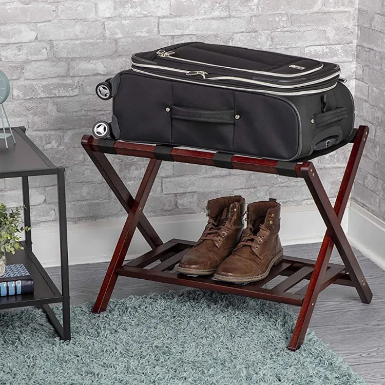 Wholesale Eco-Friendly Sturdy Multifunctional Fold Light Oak Suitcase Rack With 4 Nylon Straps