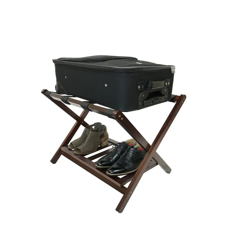 Wholesale Eco-Friendly Sturdy Multifunctional Fold Light Oak Suitcase Rack With 4 Nylon Straps