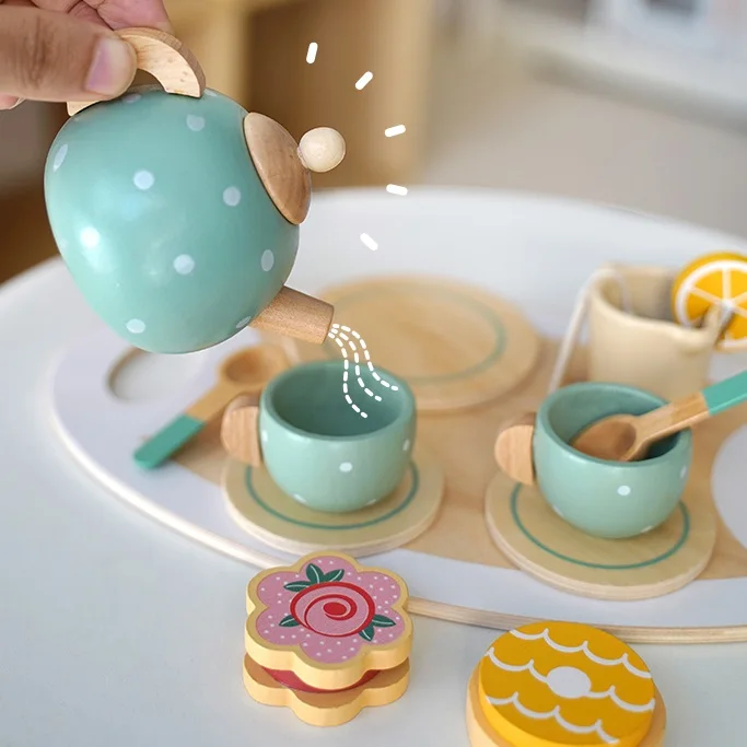 Pretend Play Preschool Wooden Kids Toys Tableware Play Set Afternoon Tea Dessert Cake Sales Tea Pot Cup Wooden Tea Set