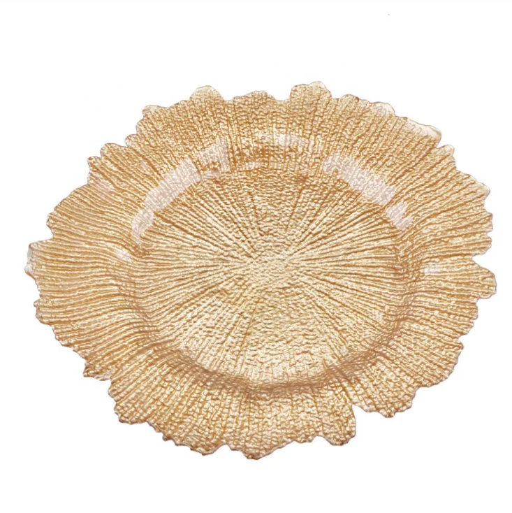 Gold Golden Reef Leaf Glass Charger Plate 13 Inch Electroplated Color Glass Sun Flower Stock Charger Plates For Wedding