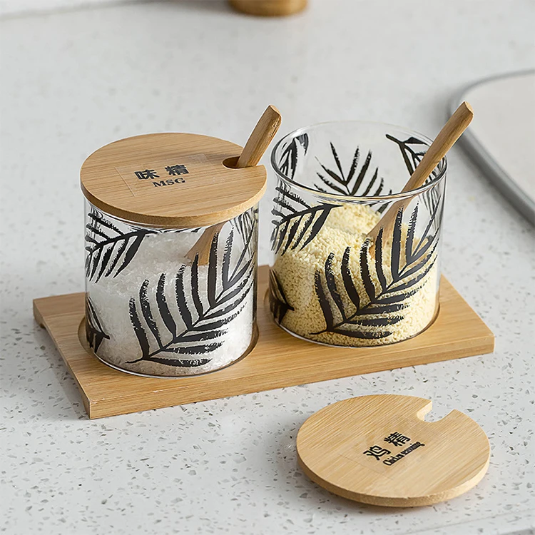 
Bamboo lid salt and pepper shaker spice condiment clear glass seasoning box with wood tray 