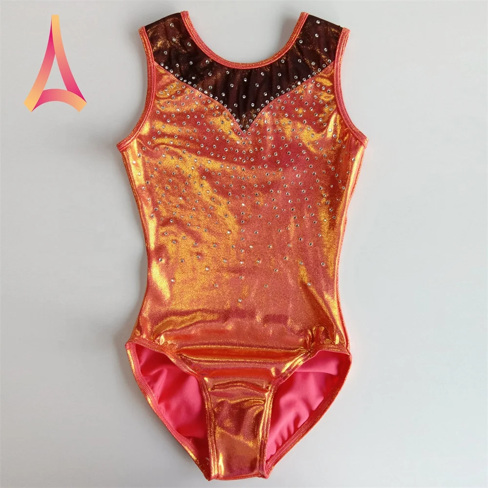 Sleeveless Gymnastics Leotard Girls Shiny Coral Gymnastics Leotards