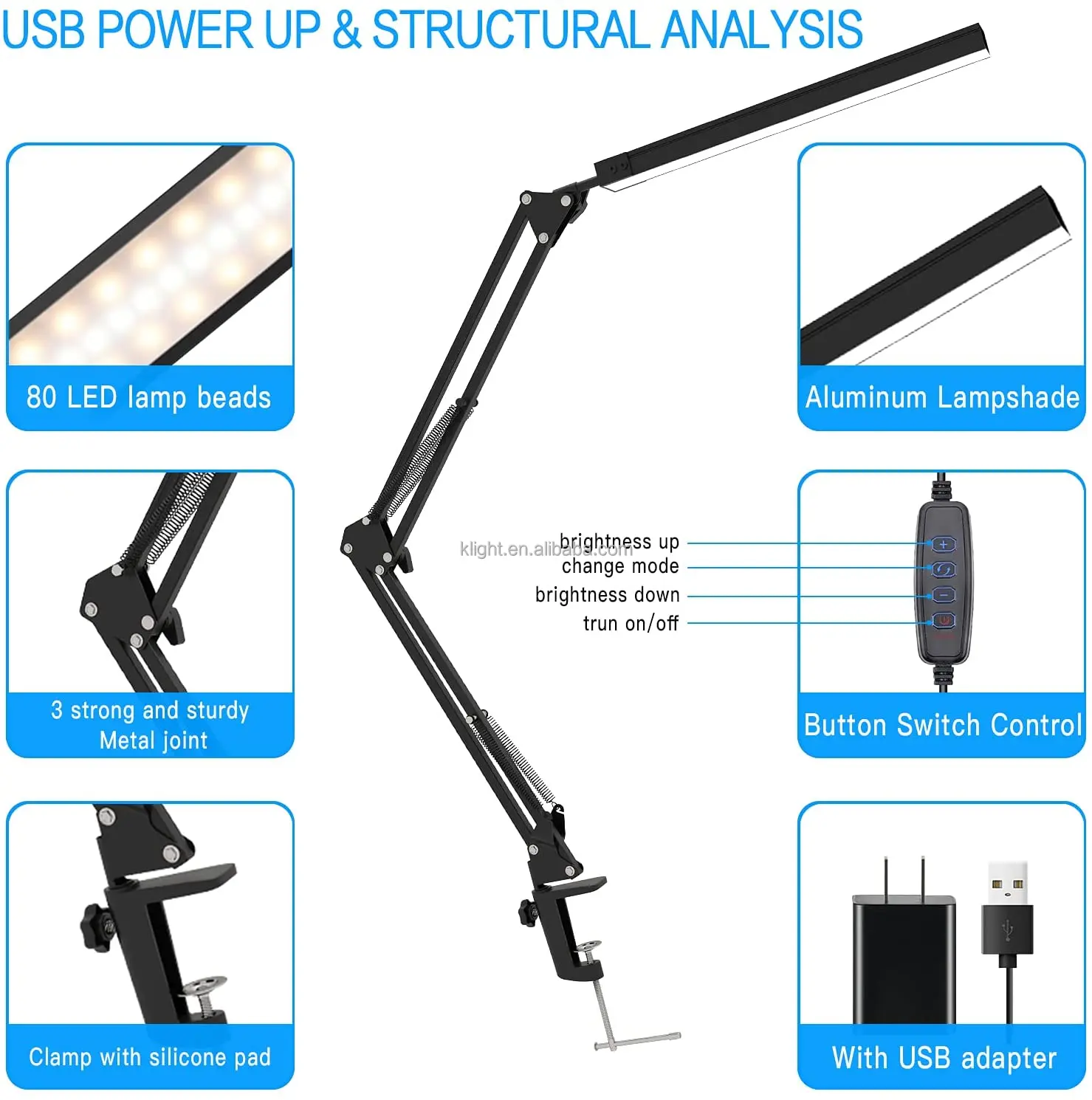 popular Swing Arm Lamp New Led Metal Clip Table desk Lamp Dimmable Bedroom Reading with Usb Plug-In Desk Lamp