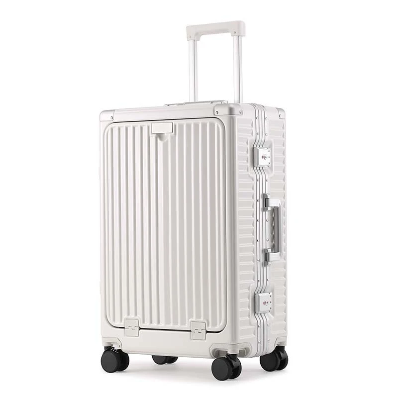 2024 Multifunction Front Open Pocket Aluminum Frame Travel Bags Trolley Luggage Suitcase With USB Port And Cup Holder