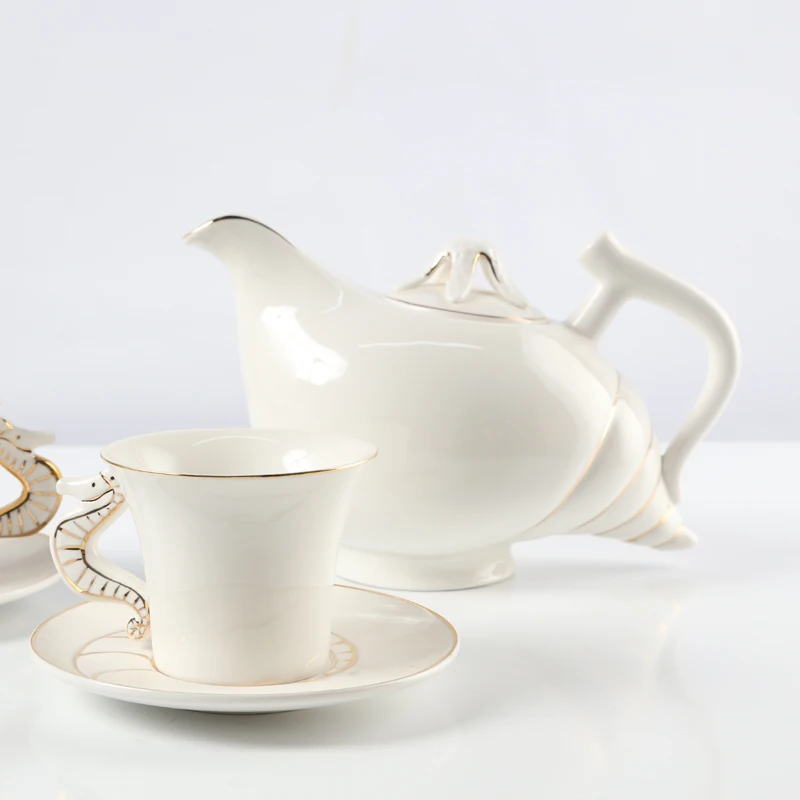 TP10 Sea Snail Design Ceramic Teapot Cup and Saucer with Gold Rim