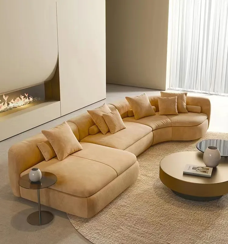 Moonlight shaped modern velvet fabric upholstery sofa curved combination living room sofa villa exhibition /showroom large sofa