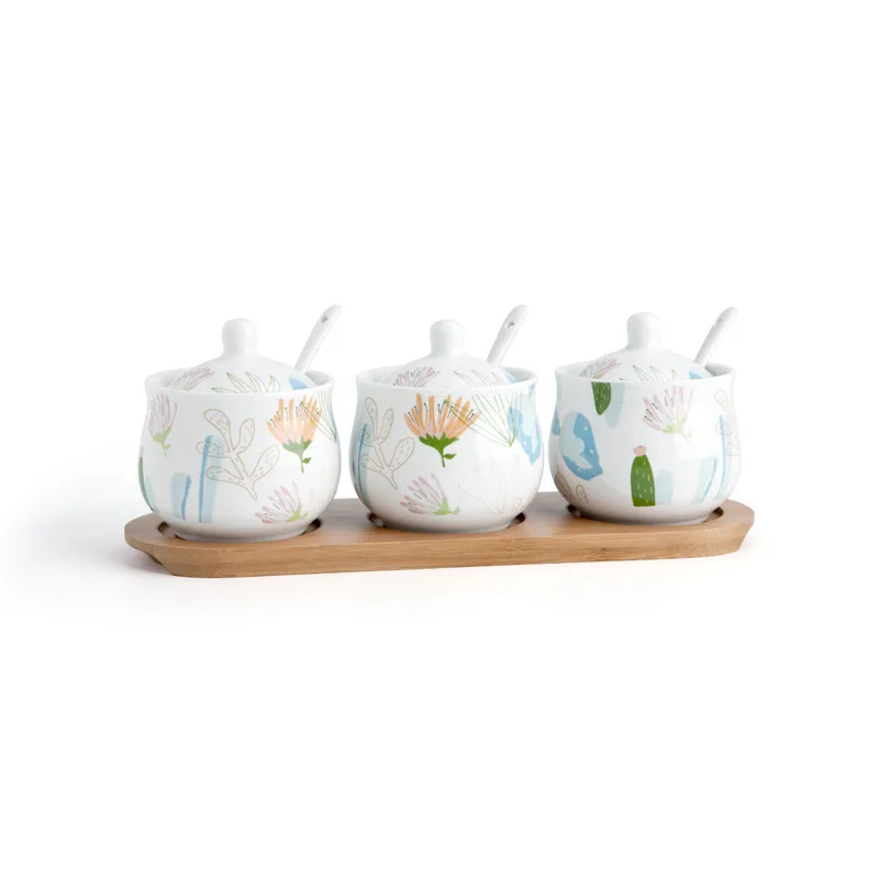 
Nordic ceramic seasoning jar set with spoon and lid and Iron frame seasoning box salt shaker sugar bowl pepper shaker wholesale 