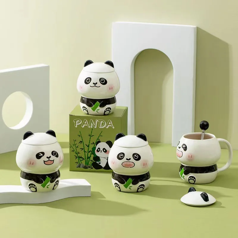 children birthday gift ceramic cute 3d panda coffee mug with lid and spoon