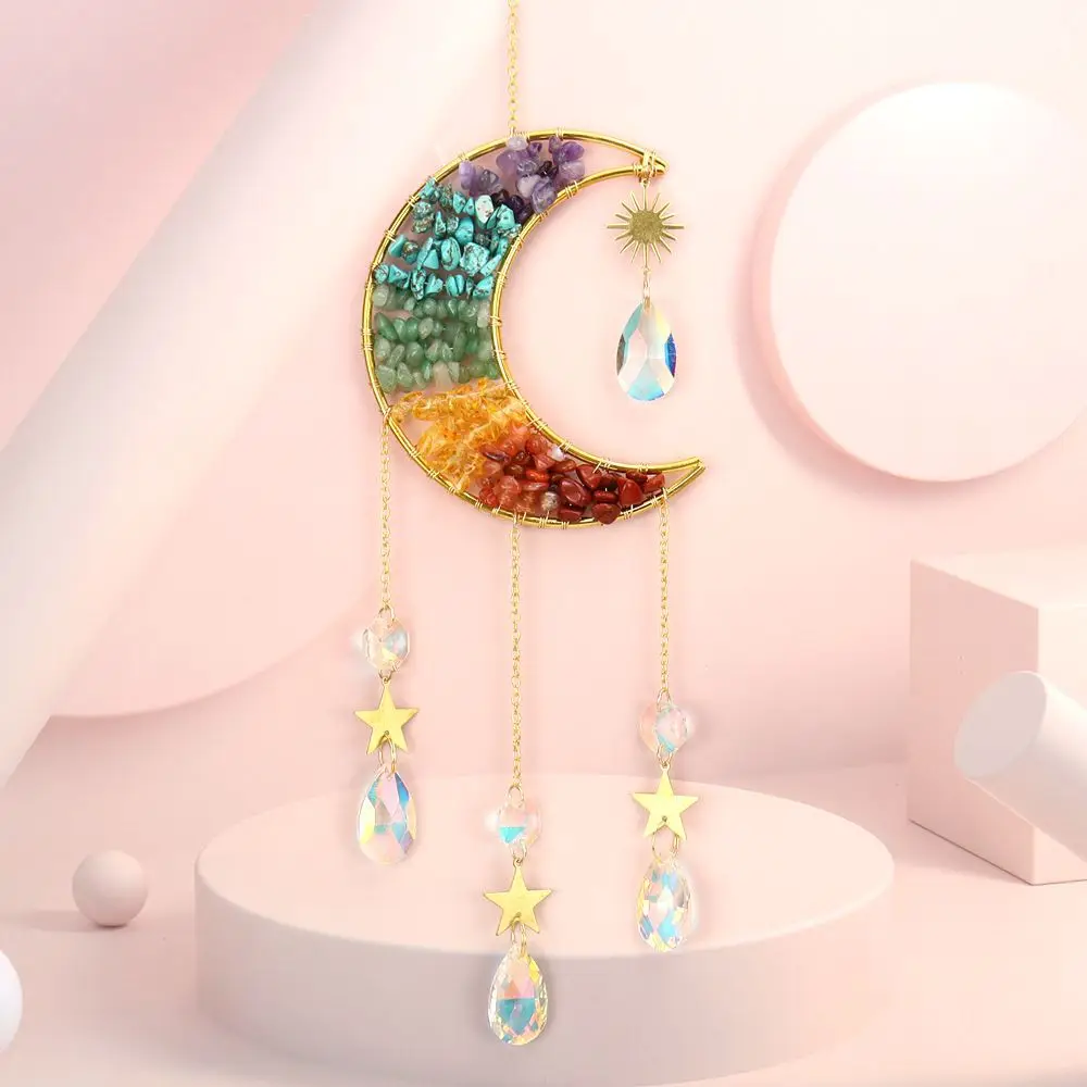 Natural Crystal Crushed Stone Life Tree Moon Sun Catcher Pendant Wind Chime Decoration Pendant Crystal Sun Catcher