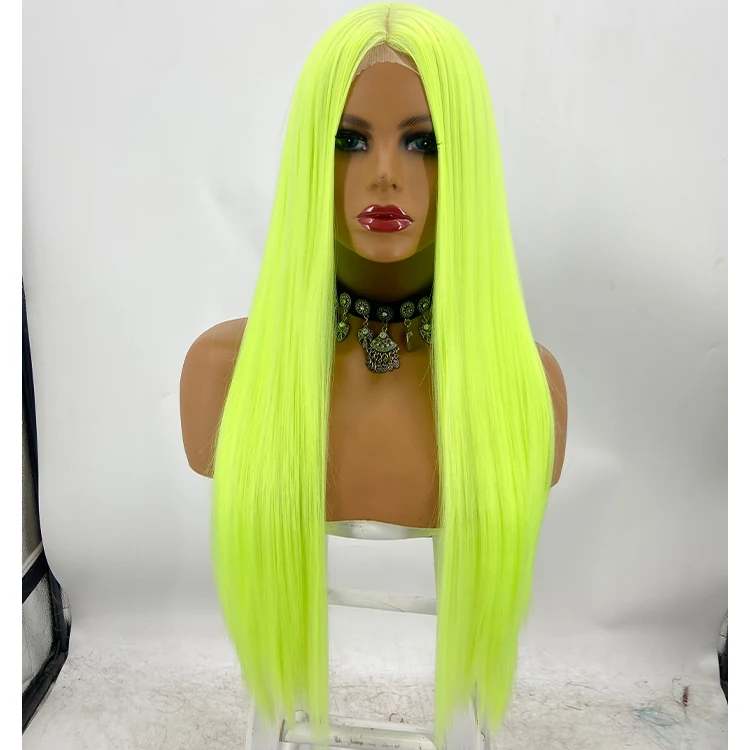 Vigorous new style green hair frontal weft long straight synthetic front lace wig Glueless Heat Resistant fiber