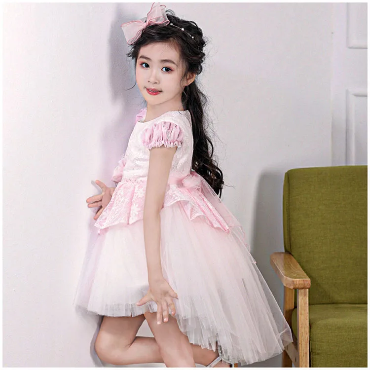 
Girls Party Wedding Flower Lace Dresses With Long Tailed Short Front Long Back Skirts 