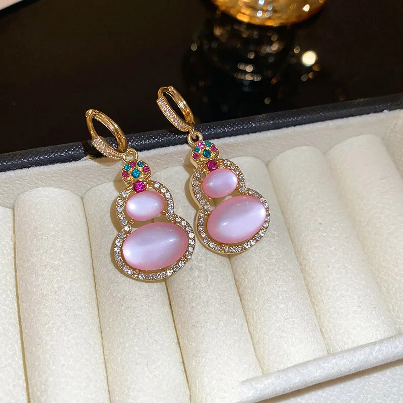 Chinese Style 18k Gold Plated Small Gourd Earrings Women Jewelry Shiny Crystal Pink Gourd Earrings