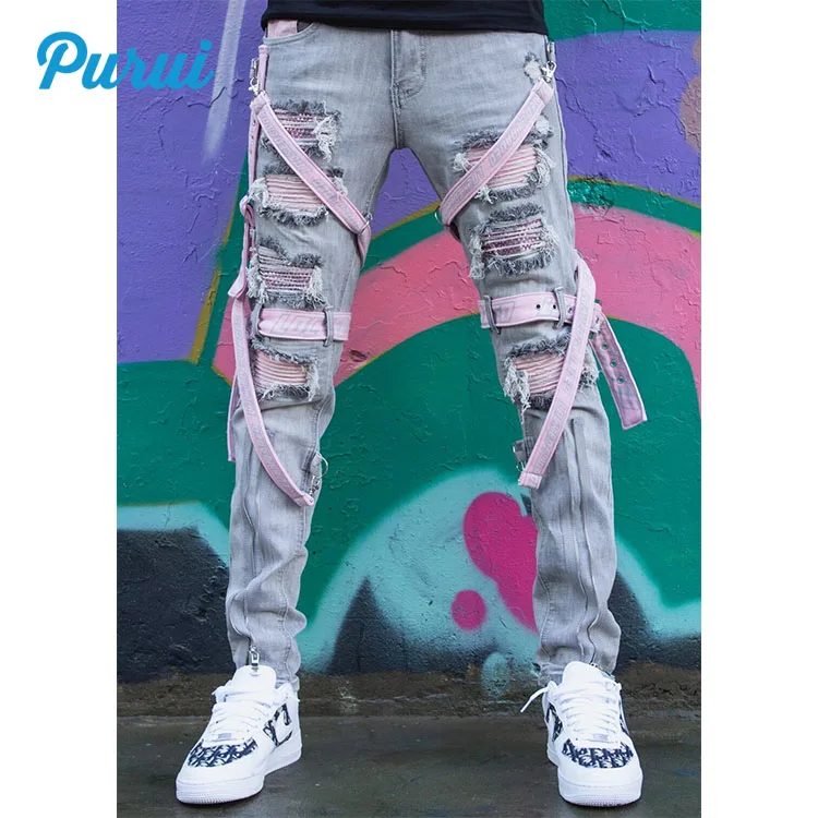 Модные мужские Заблокированные джинсы с розовыми ремешками и нашивками рваные