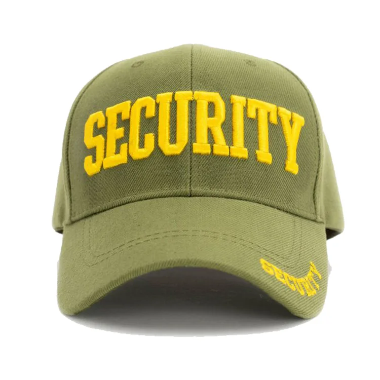 Security Guard Officer Uniform Cap Unisex 100% Cotton Twill 6 Panel Baseball Cap Custom 3D Embroidery Black Green Color Fishing