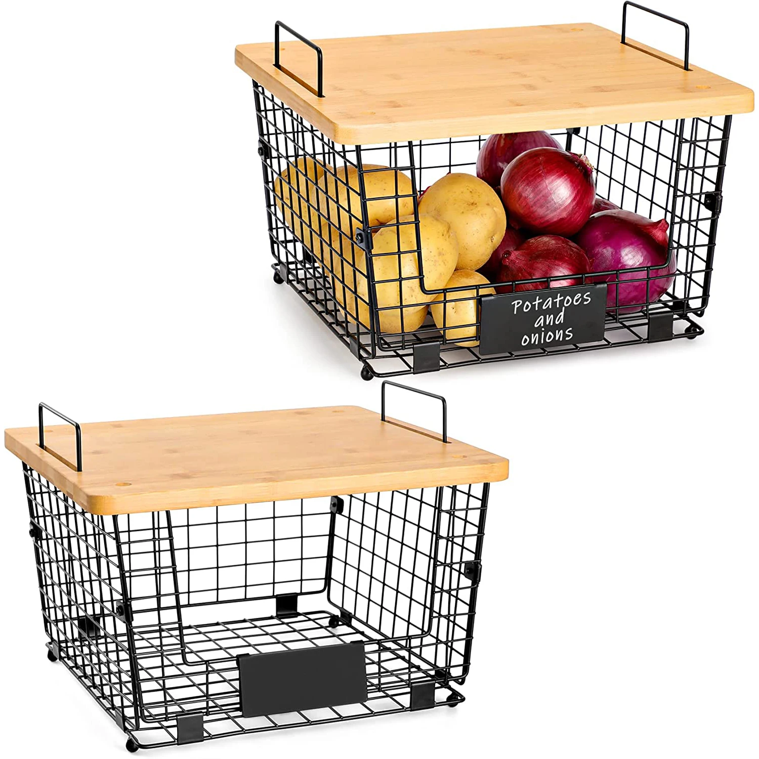 Kitchen Counter Basket Bamboo Top Pantry Cabinet Organization and Storage Wire Basket Countertop Organizer