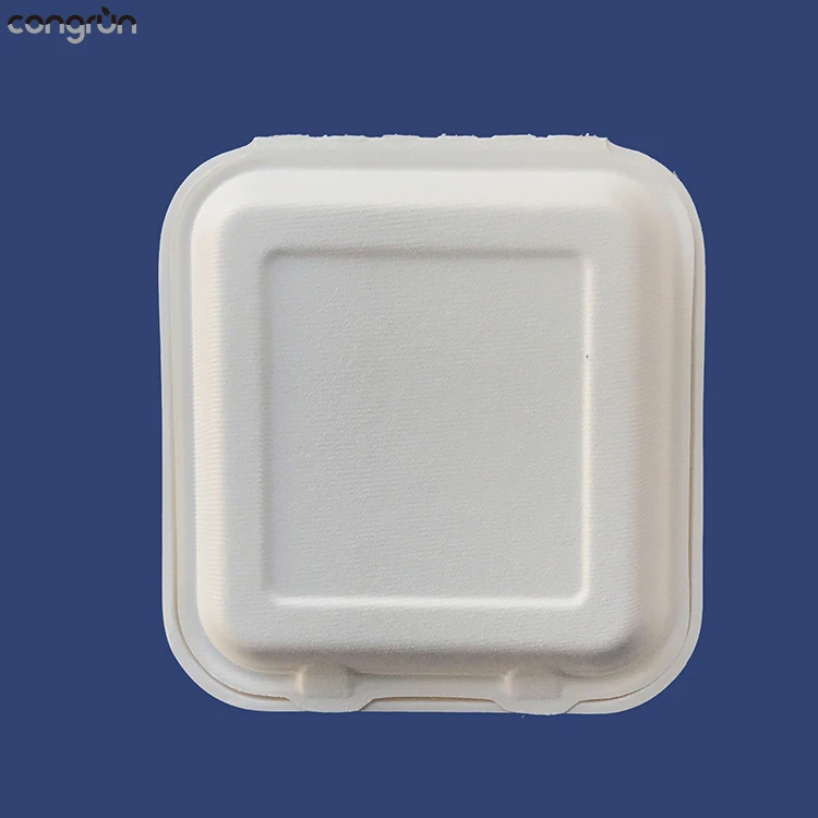 Custom sugarcane bagasse takeaway clamshell box disposable envase biodegradable clamshell packaging  plates and cutlery