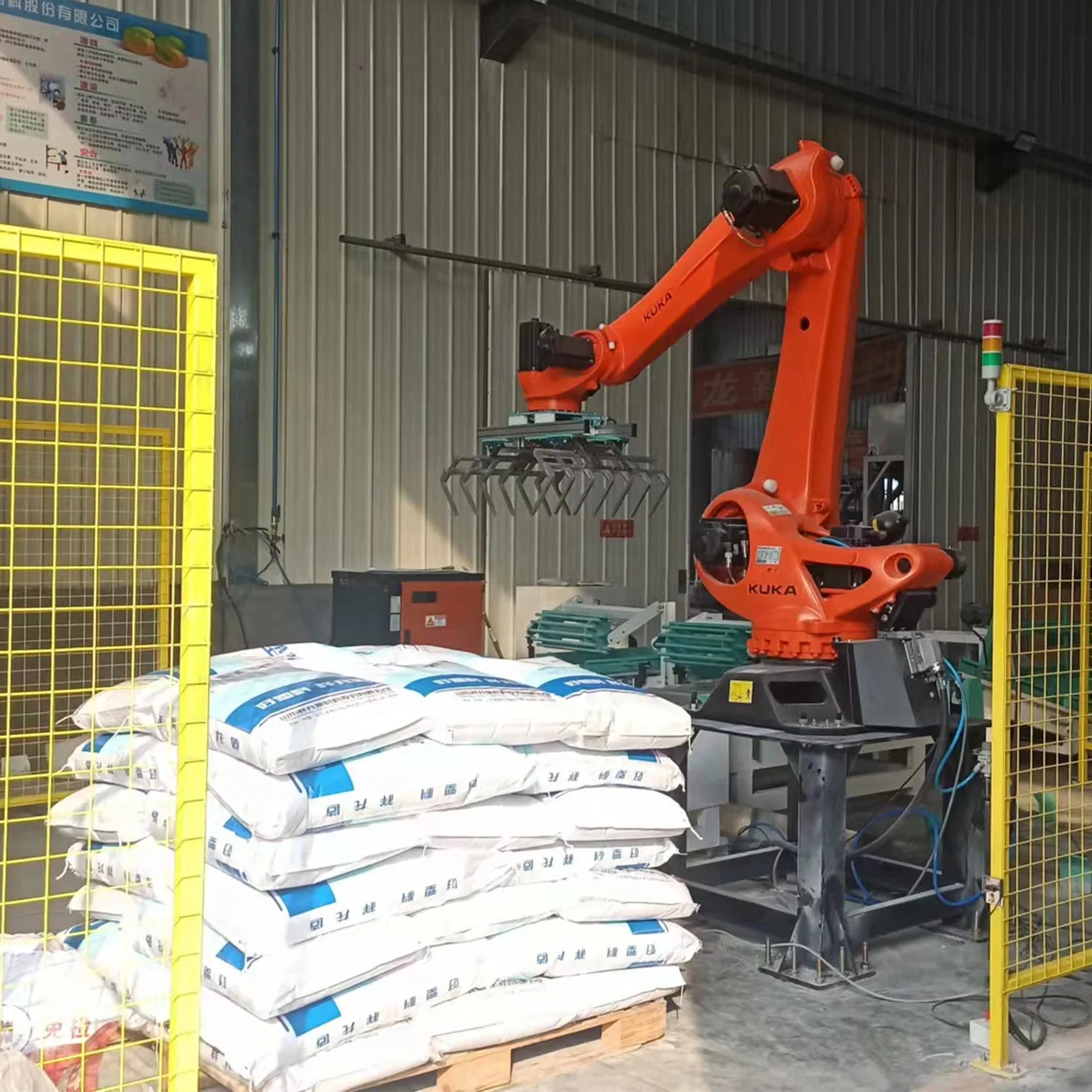 Palletizing packing pallet line stacking bags box case bottles wood pellets automatic cement bag kuka palletizer robot machine
